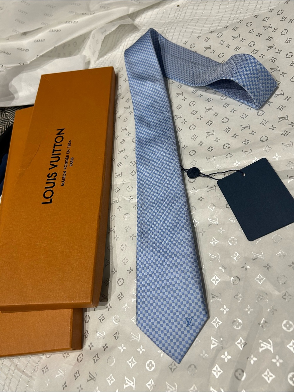 Louis Vuitton Light Blue and White Checker Silk Tie